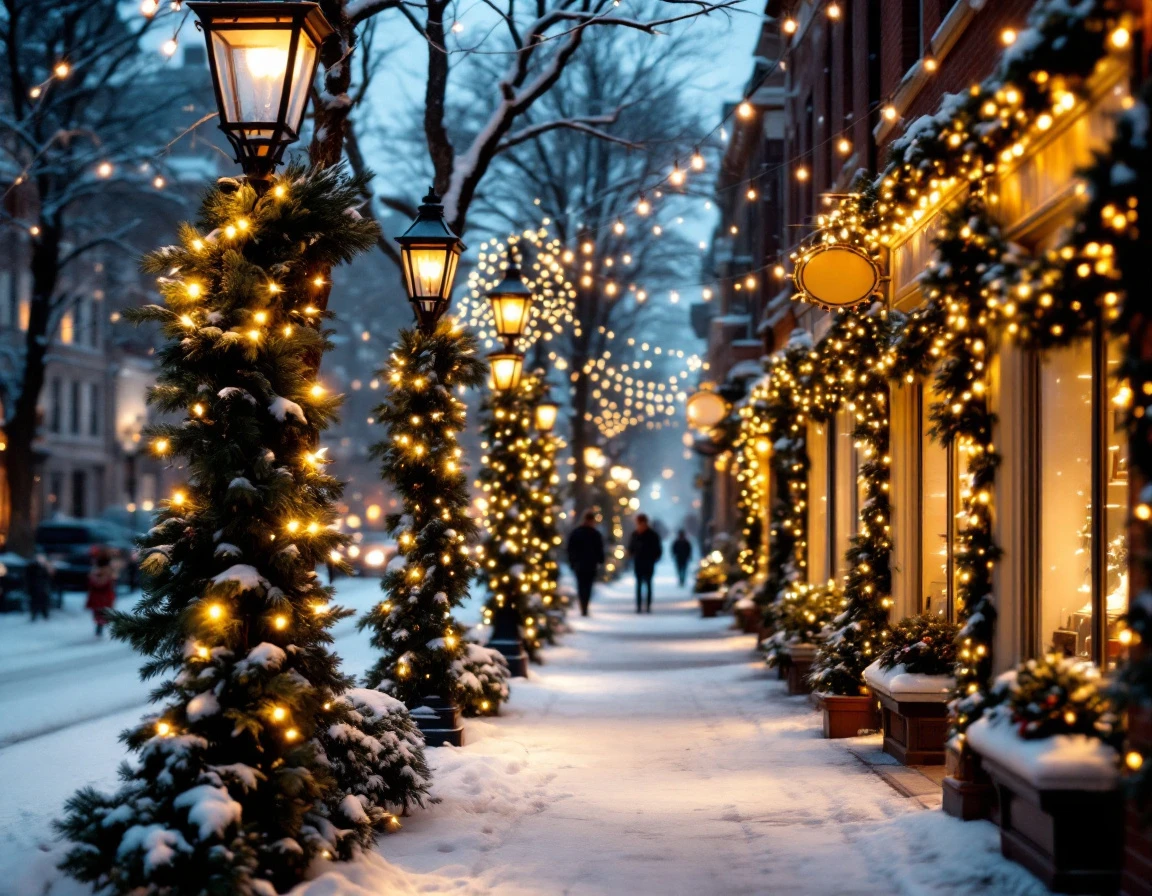 Snowy Christmas shopping street at dusk with decorated storefronts and warm golden lighting