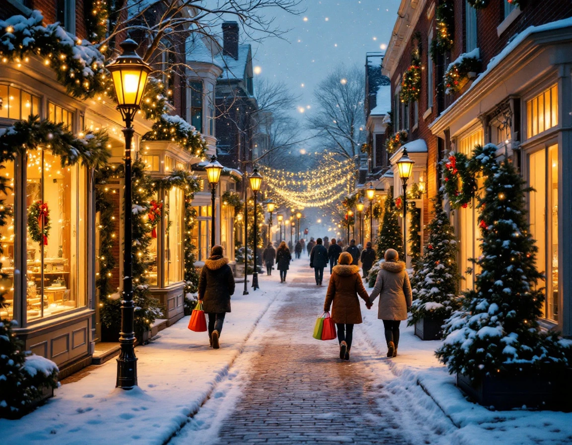 Snow-covered shopping street with holiday decorations and pedestrians carrying bags during evening hours