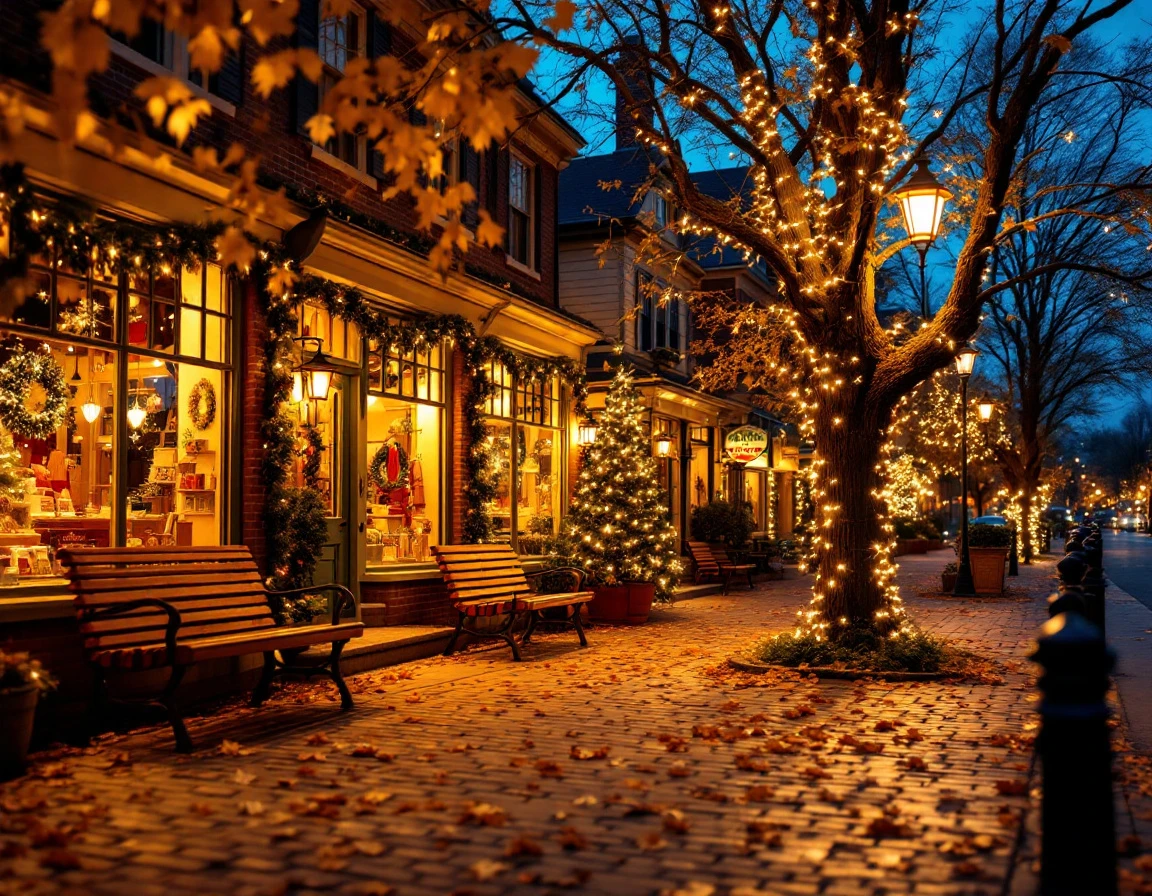 Autumn evening shopping street with holiday lights and decorated storefronts glowing at dusk