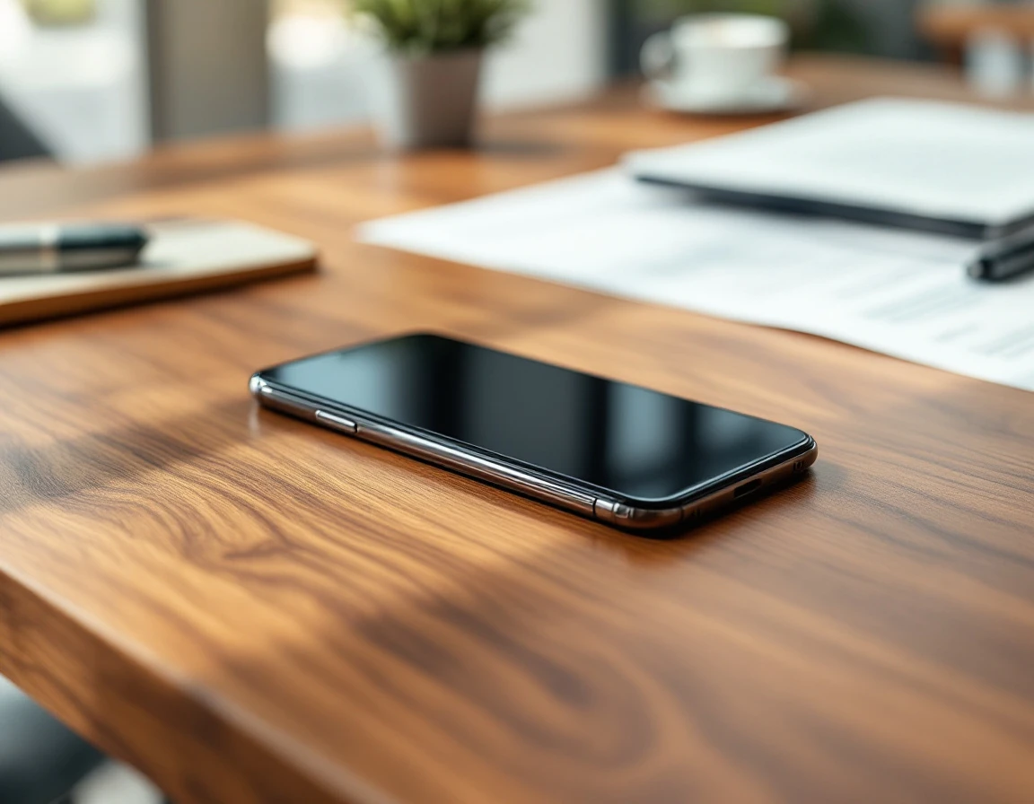 Smartphone with dark blank screen resting on wooden office desk with natural lighting