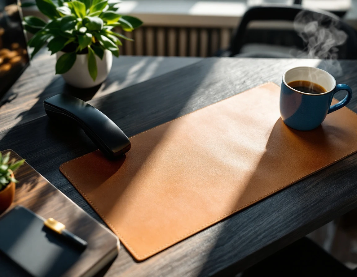 Modern business phone on organized office desk with coffee and plant in natural light