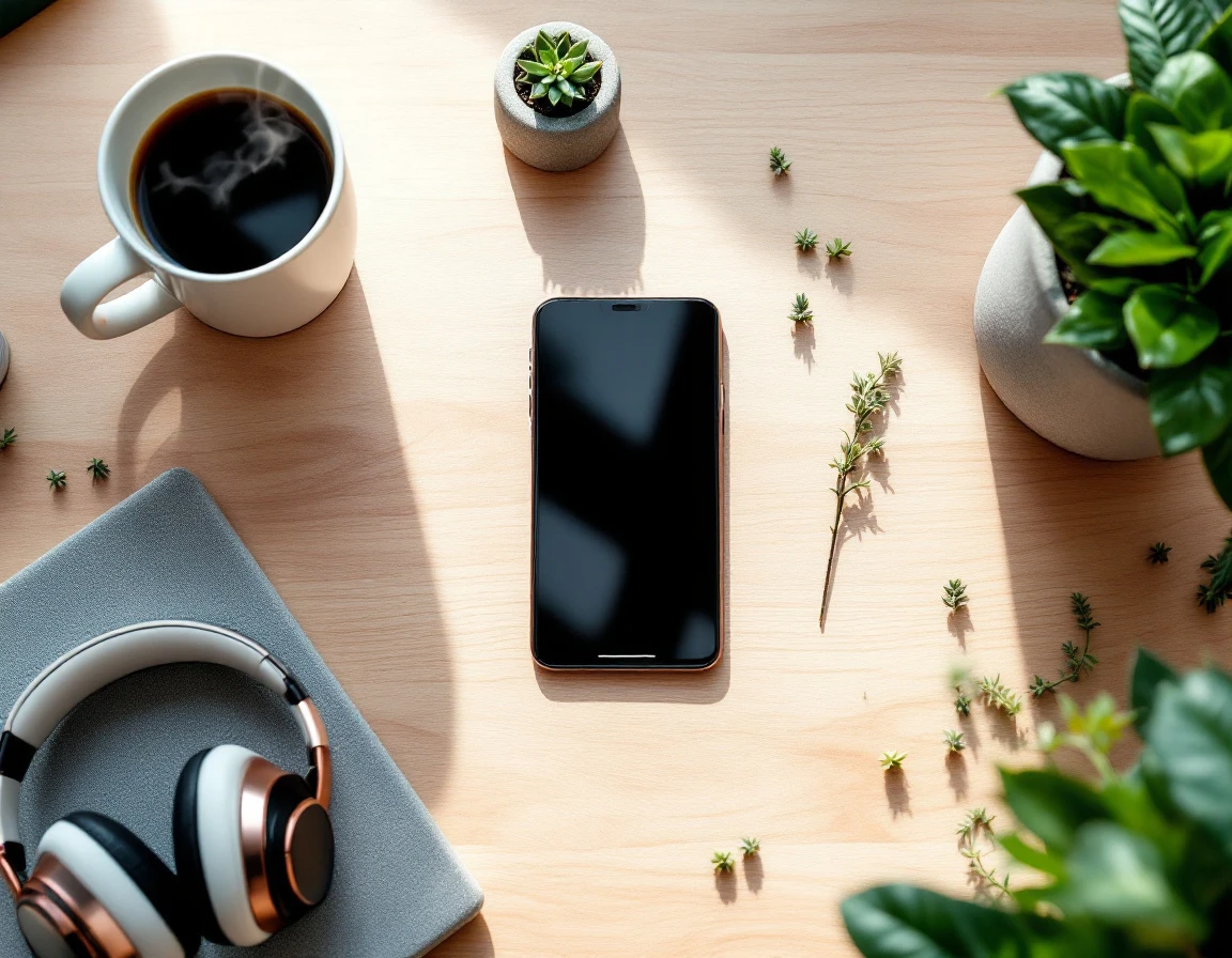 Smartphone with blank screen on workspace desk surrounded by coffee mug, headphones, and office plants