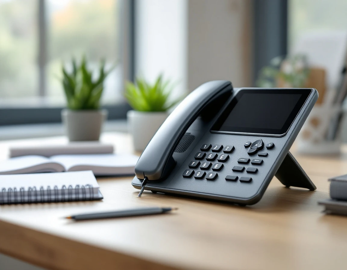 Business phone on organized office desk with notepads and supplies ready for customer communication workflows