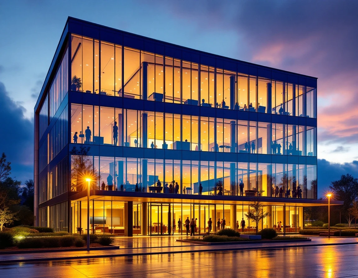 Modern office building exterior at dusk representing AI-powered unified communications infrastructure