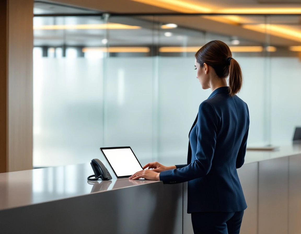Modern office reception desk with business phone systems and communication technology in contemporary workplace