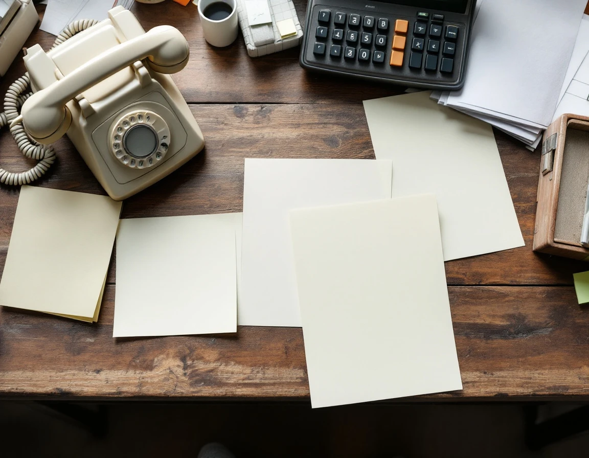 Cluttered small business desk with vintage telephone, calculator, and scattered blank papers showing office complexity