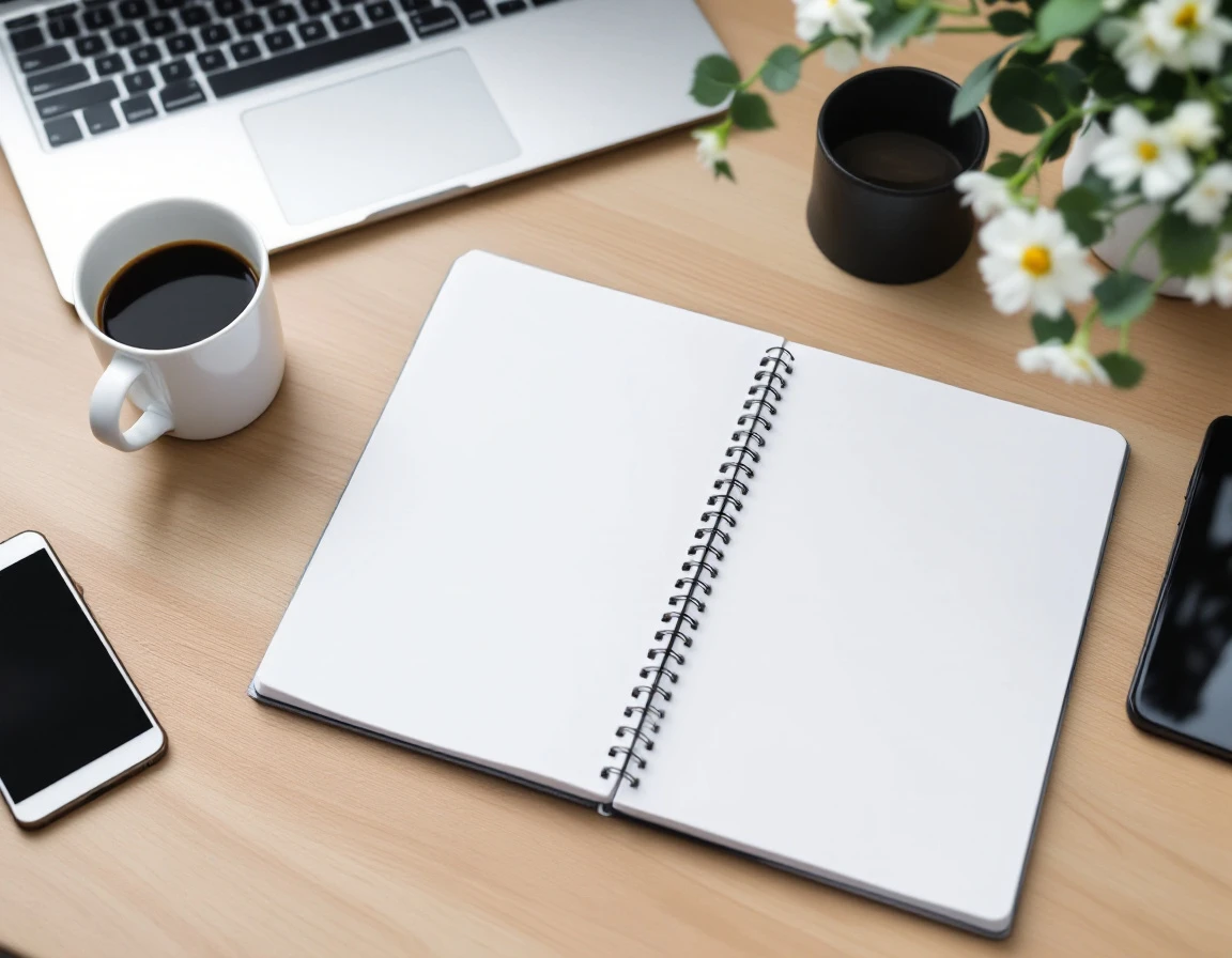 Overhead view of minimalist desk workspace with open blank notebook, laptop, coffee cup, and pen
