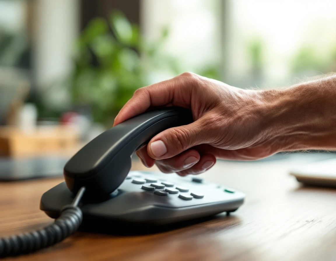 Professional hand holding business phone receiver showing natural skin texture and anatomically correct finger positioning