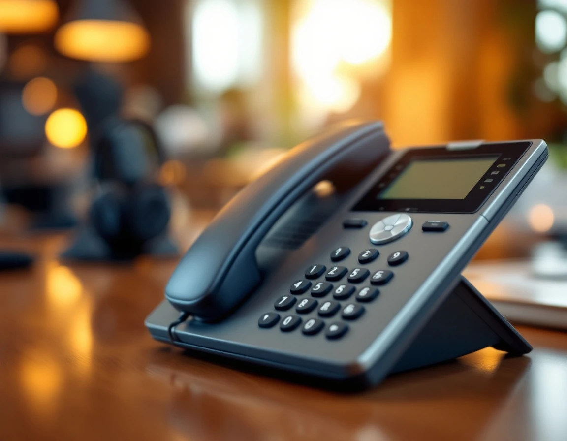 Modern business desk phone with blurred conference equipment in professional office setting
