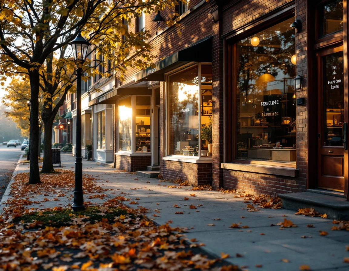 Autumn morning view of small business storefronts along a quiet main street with multiple retail locations