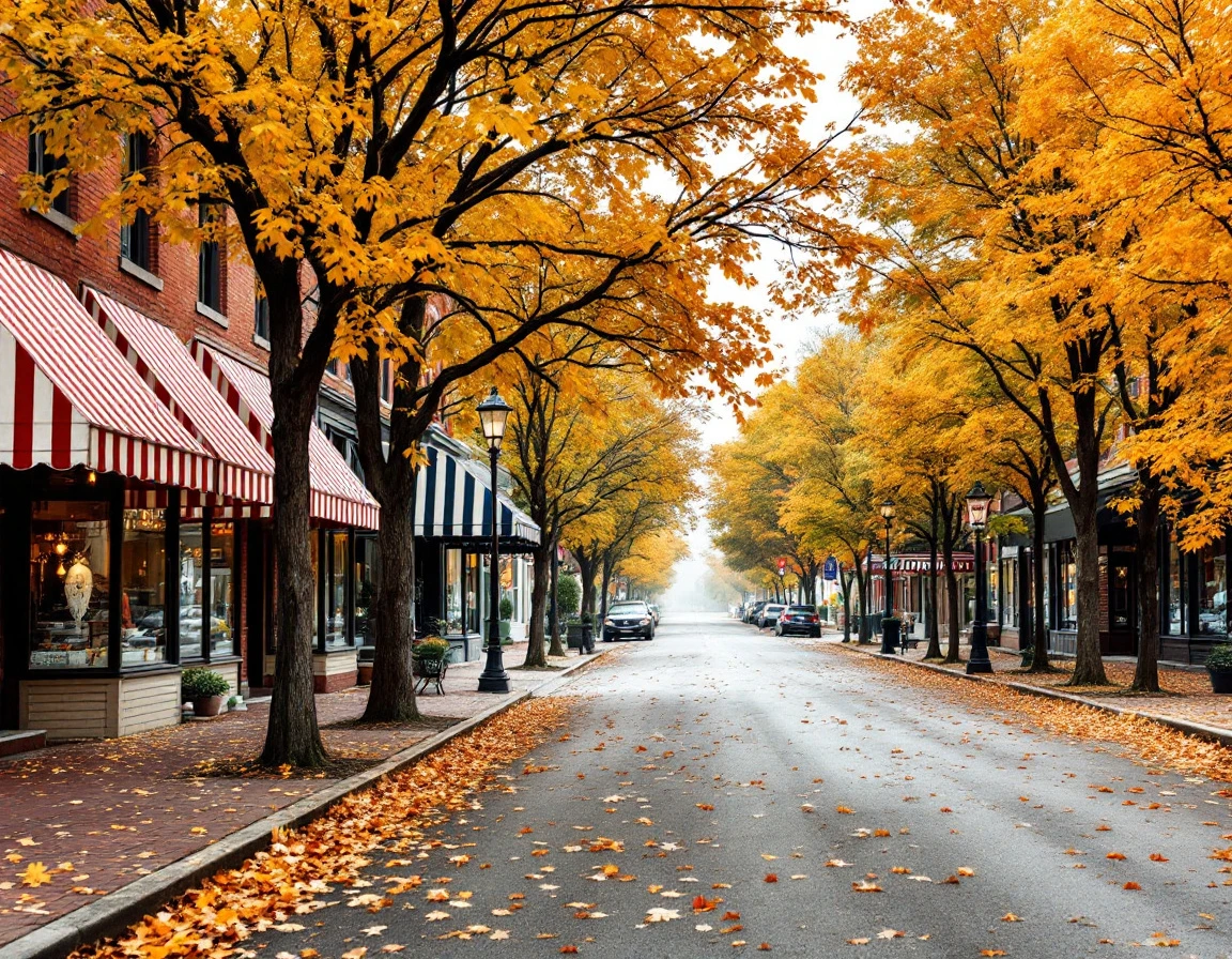 Brick storefronts with striped awnings line a quiet downtown street surrounded by autumn foliage