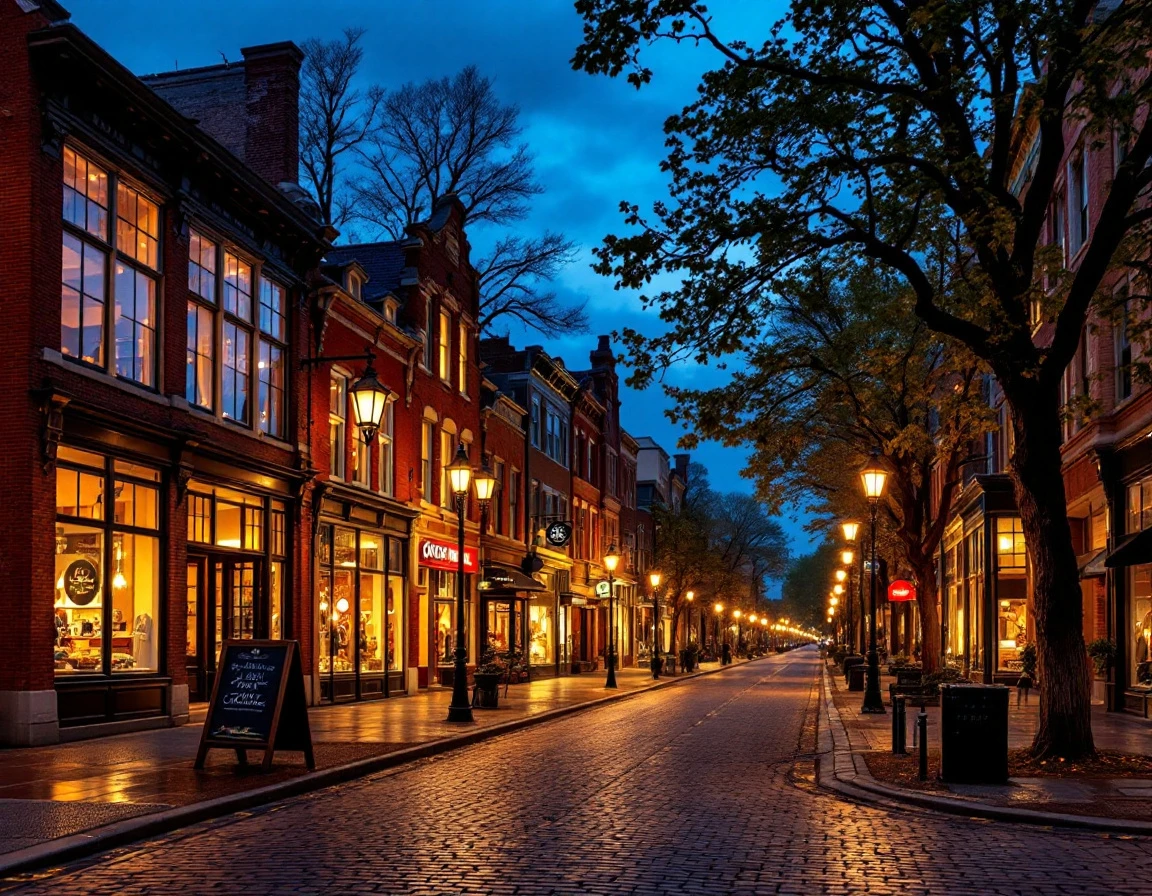 Empty downtown shopping district at dusk with lit storefronts and wet pavement reflections