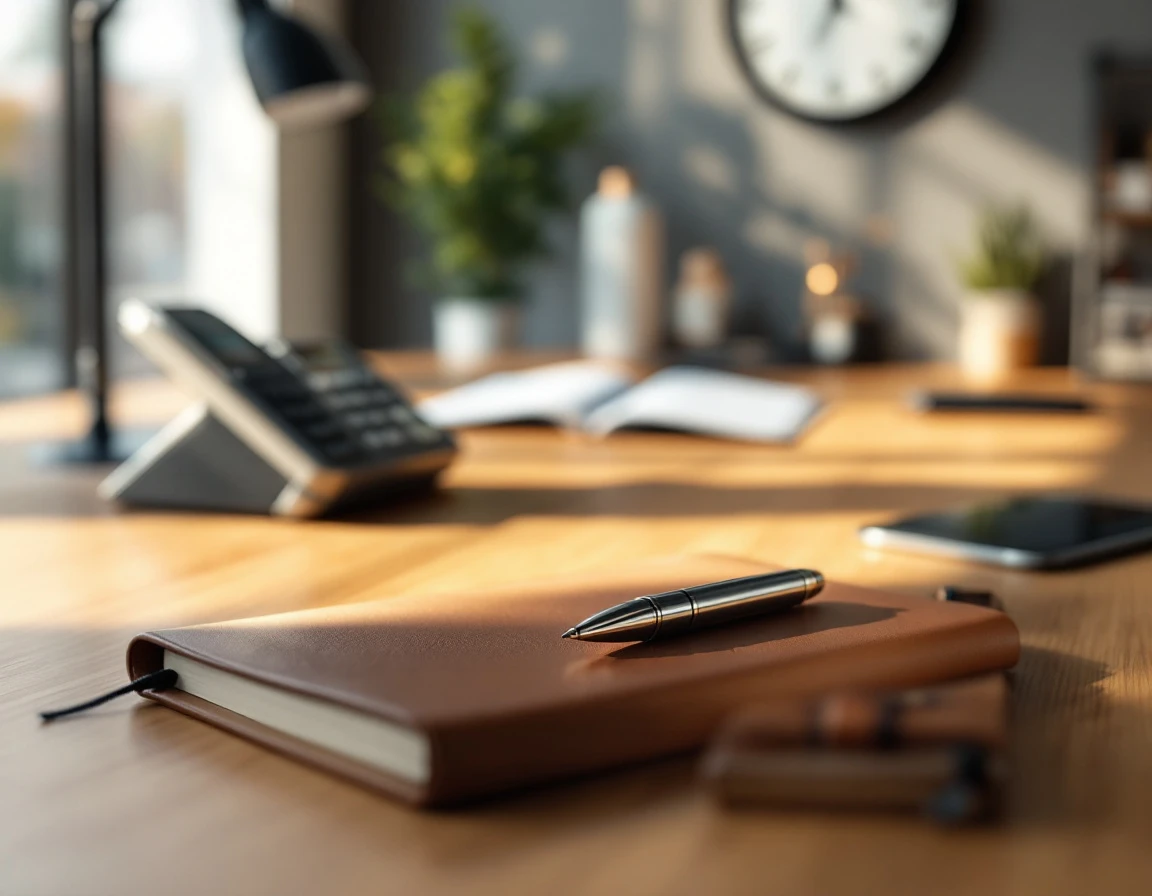 Professional workspace with phone, clock, and notebook representing business productivity metrics