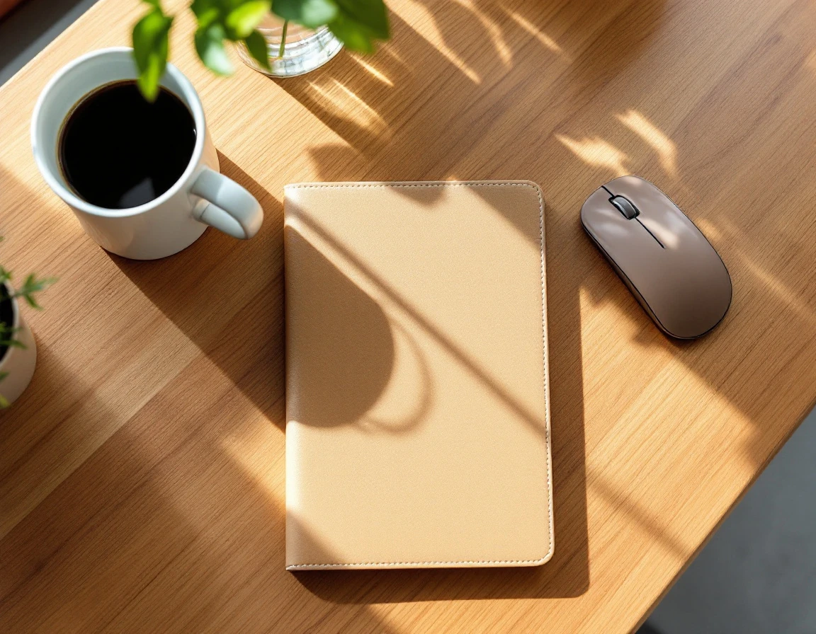 Clean workspace with coffee mug, leather notebook, and wireless mouse on oak desk with natural window light