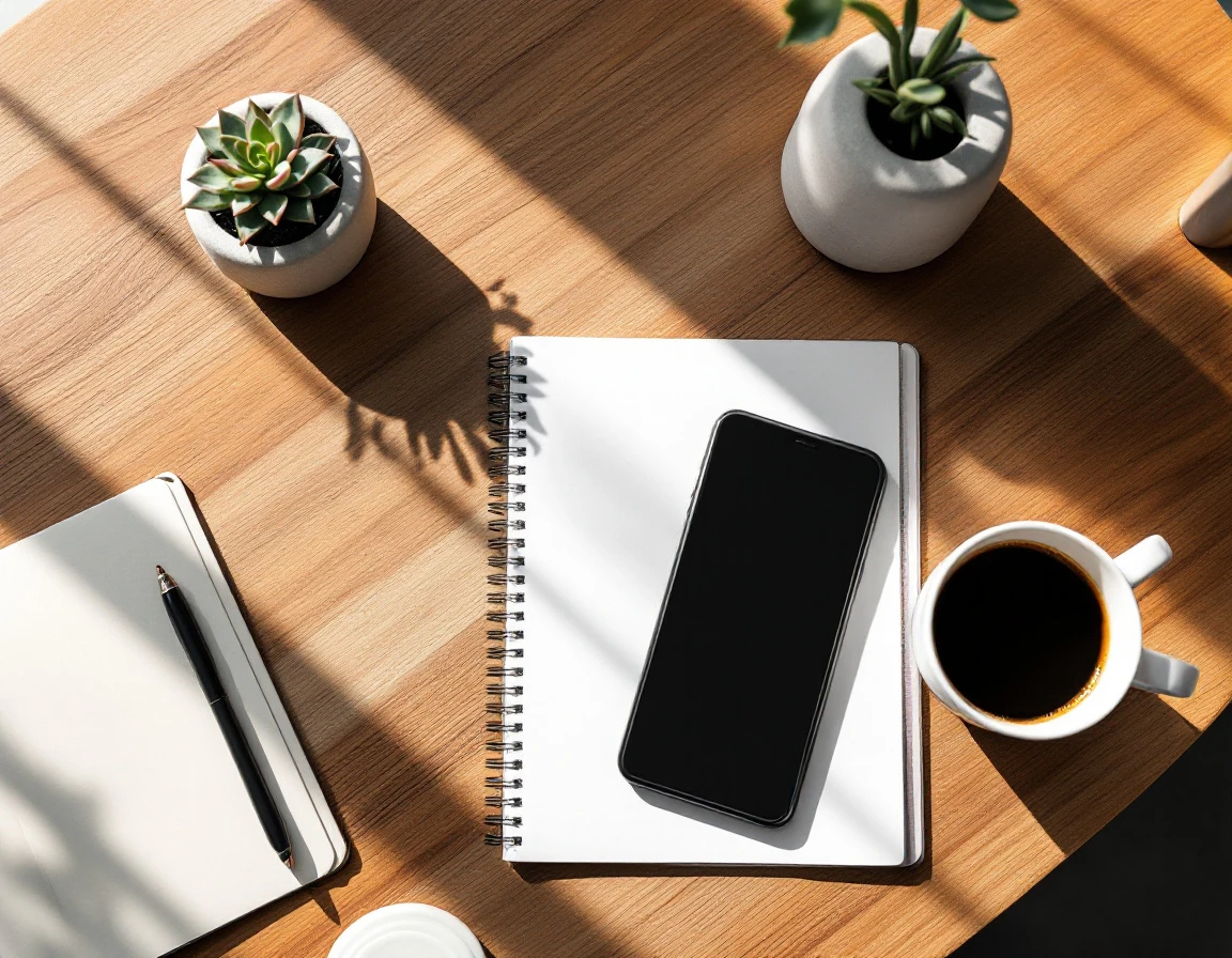 Modern office desk with smartphone, blank notebook, coffee cup, and succulent plant in natural lighting