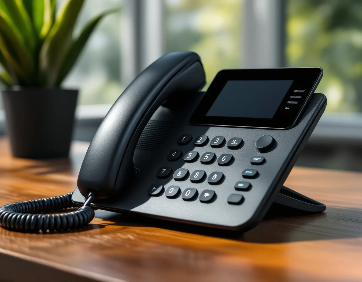 Modern black desk telephone on wooden office desk with natural lighting and soft background blur