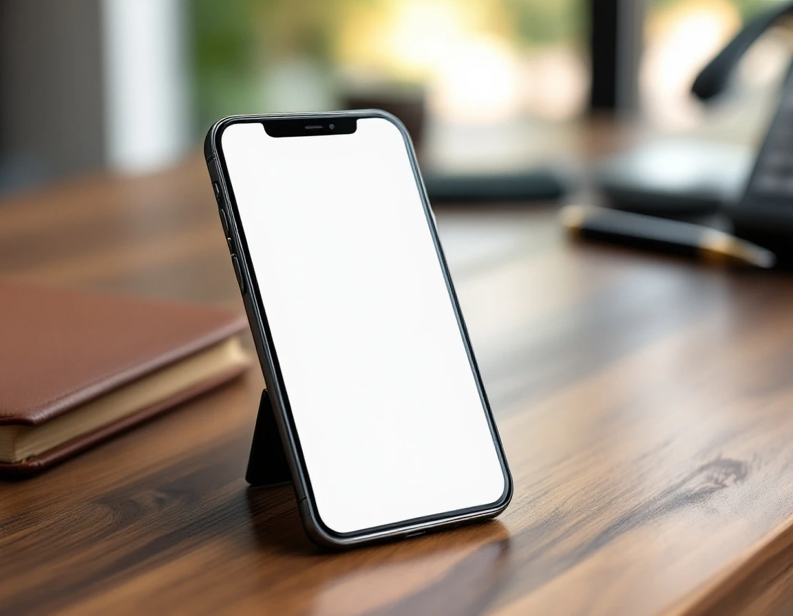 Modern smartphone on wooden office desk with notebook and pen in professional business setting