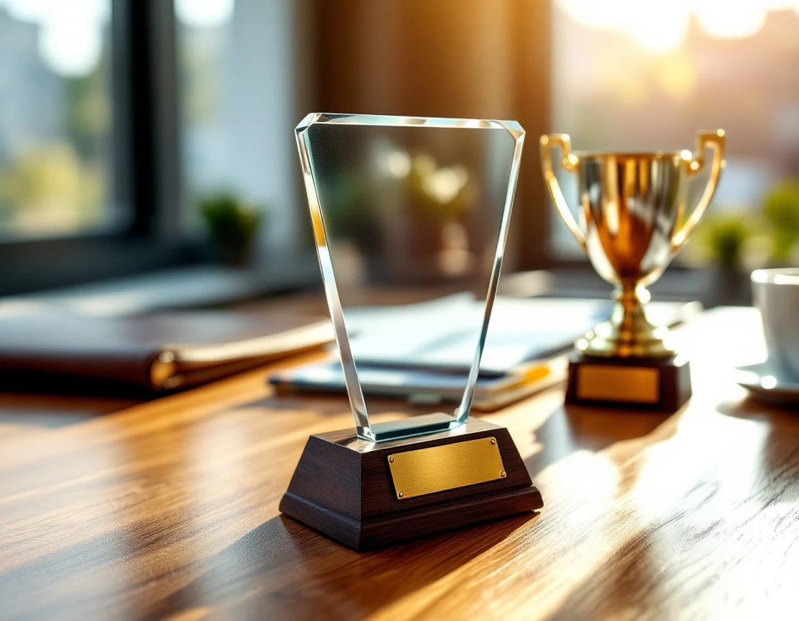 Three business award trophies displayed on wooden desk with natural window lighting
