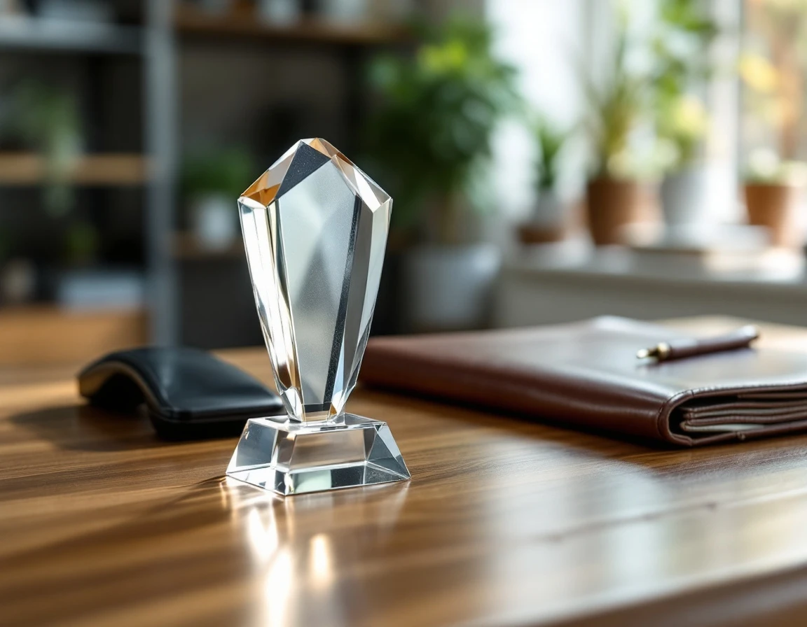 Crystal award trophy on office desk next to business phone and professional materials