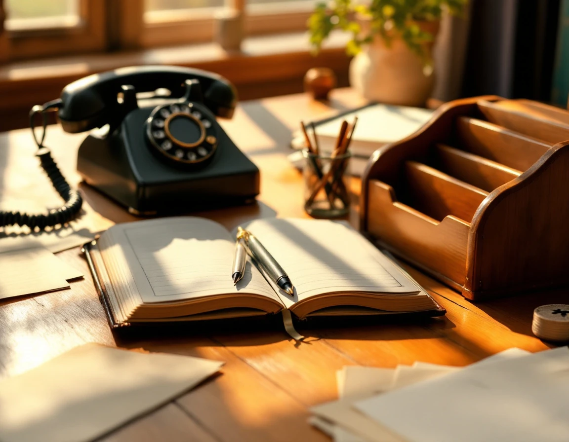 Vintage office desk with rotary phone, leather portfolio, and wooden organizer in warm natural lighting