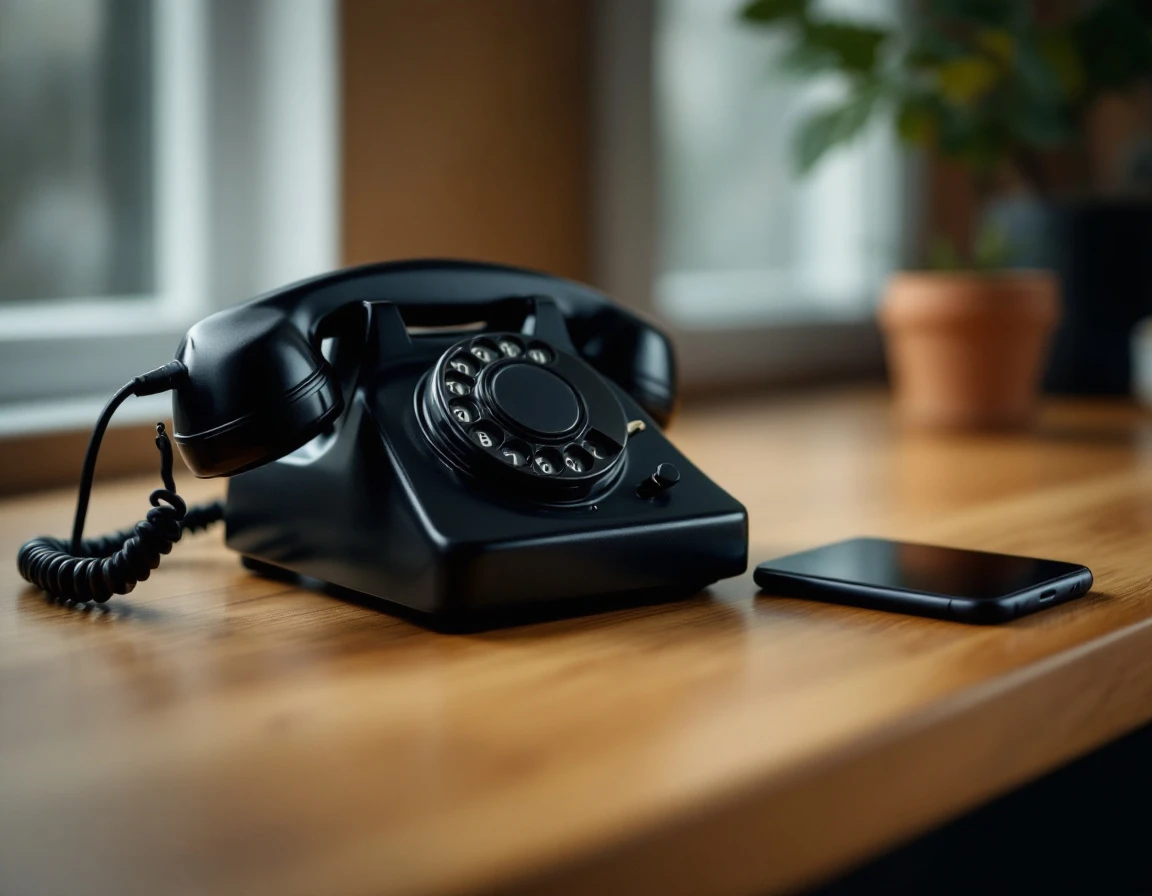 Vintage telephone handset and modern smartphone on wooden desk showing communication technology evolution