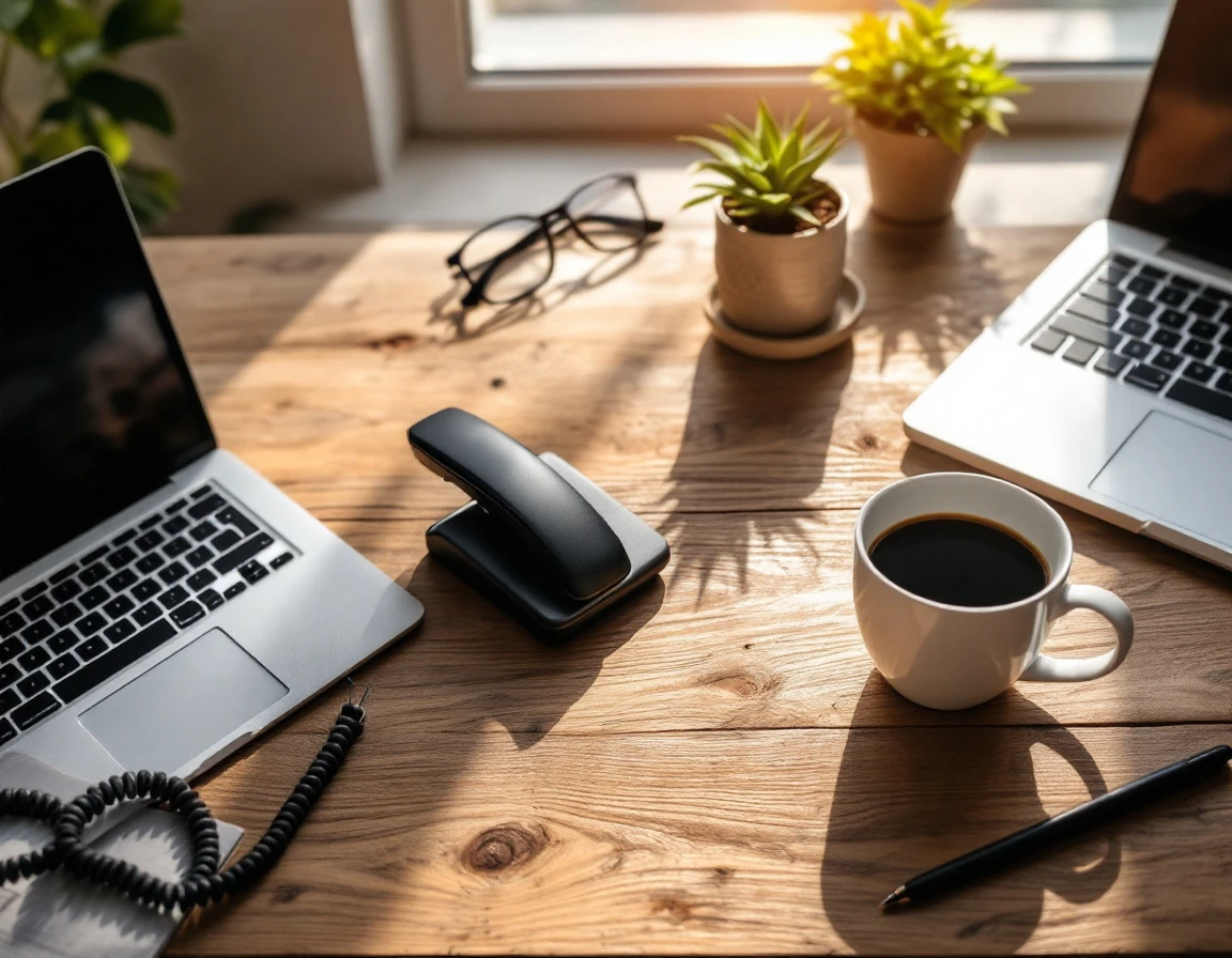 Organized small business desk with modern phone system and minimal workspace setup