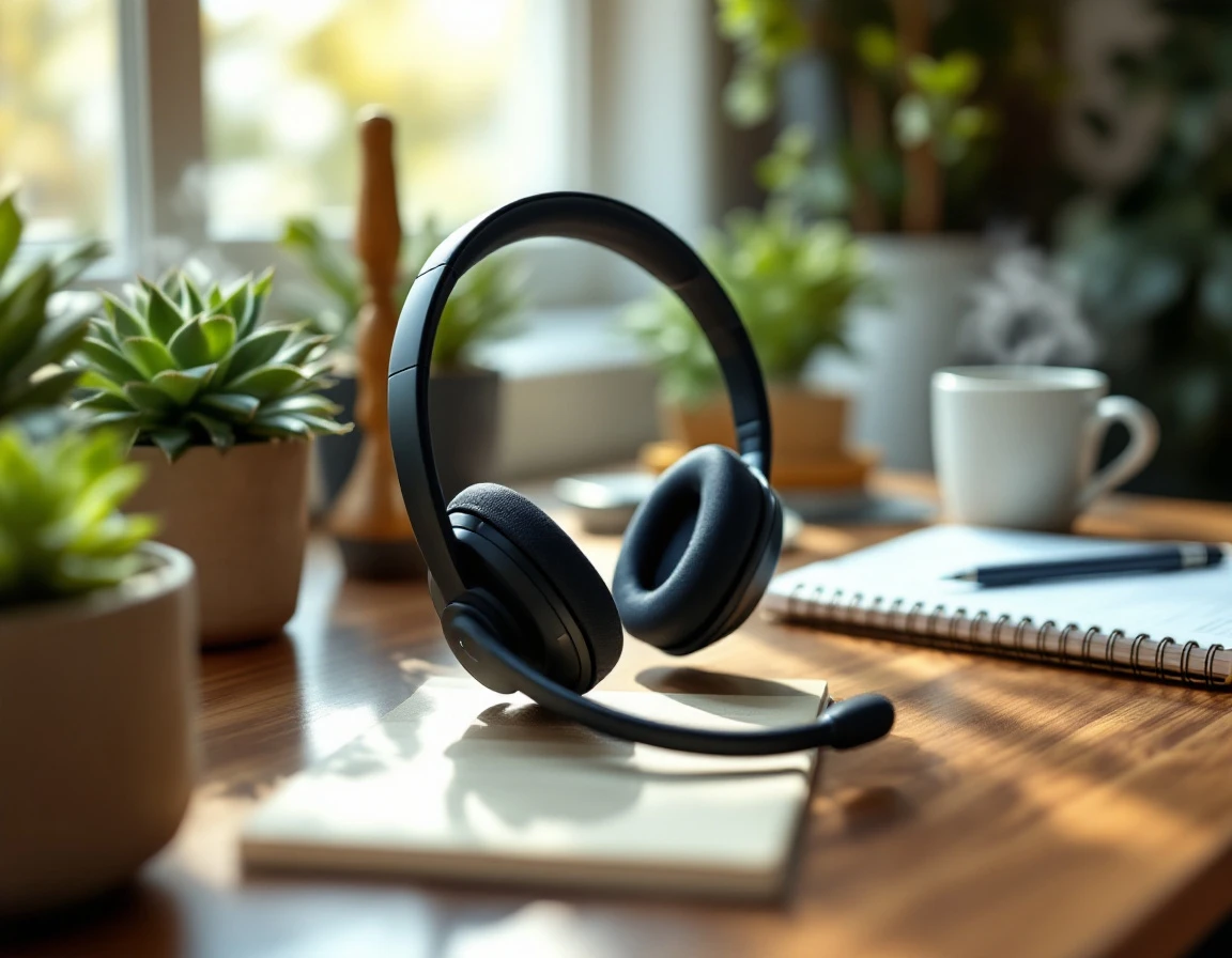 VoIP headset on organized office desk with calendar and notebook during busy season