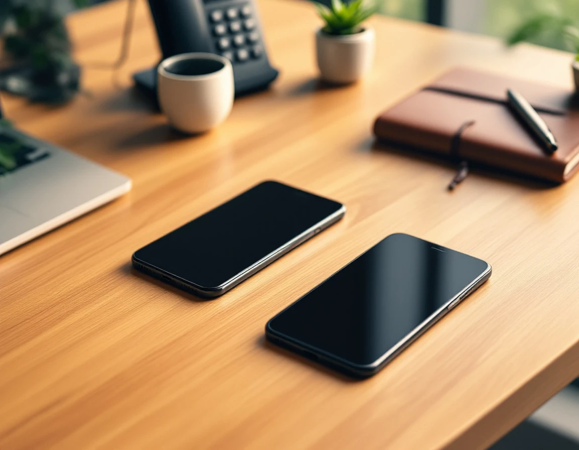 Office desk with multiple communication devices including mobile phones and landline ready for seasonal scaling