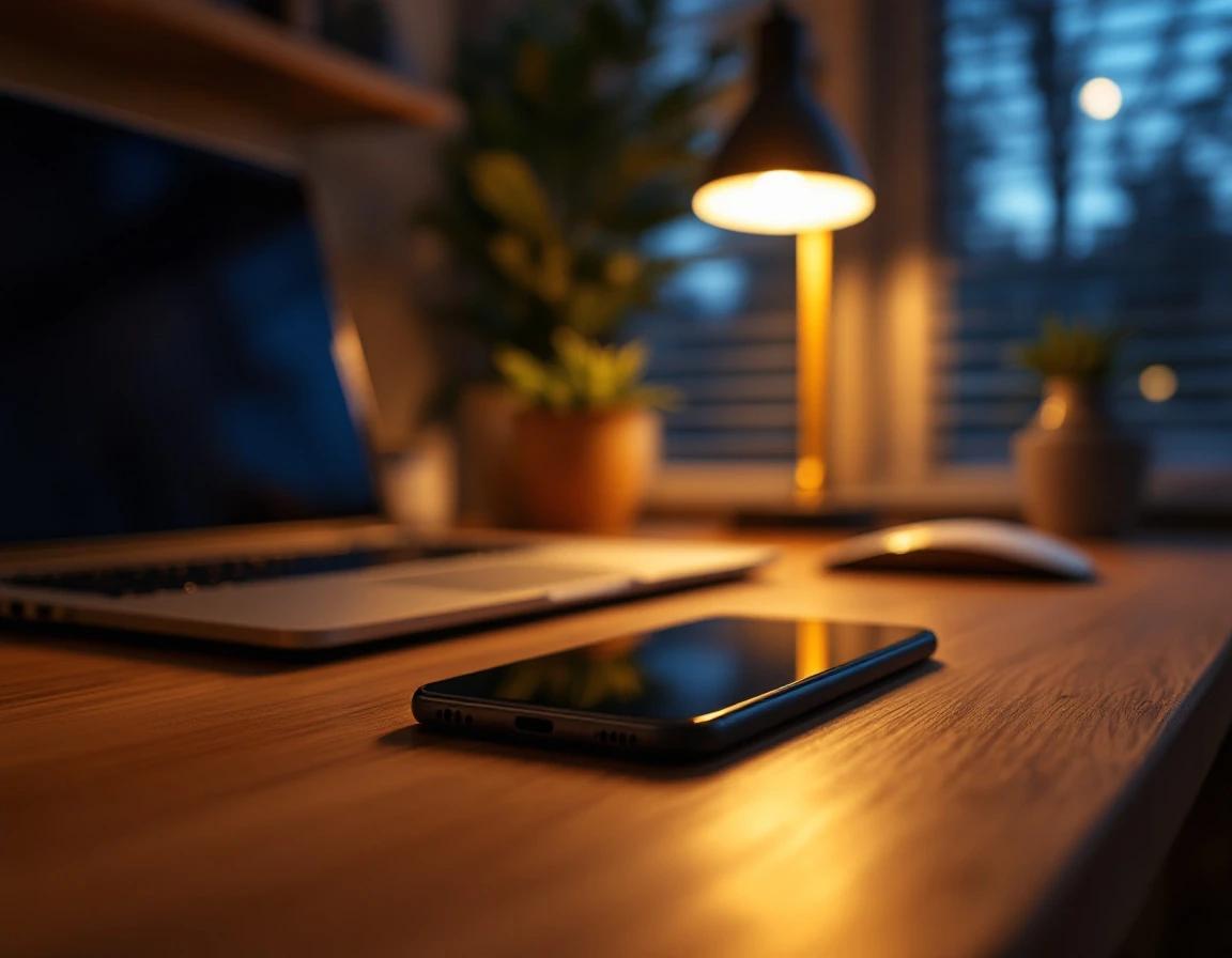 Smartphone on office desk during evening hours representing after-hours business communication technology