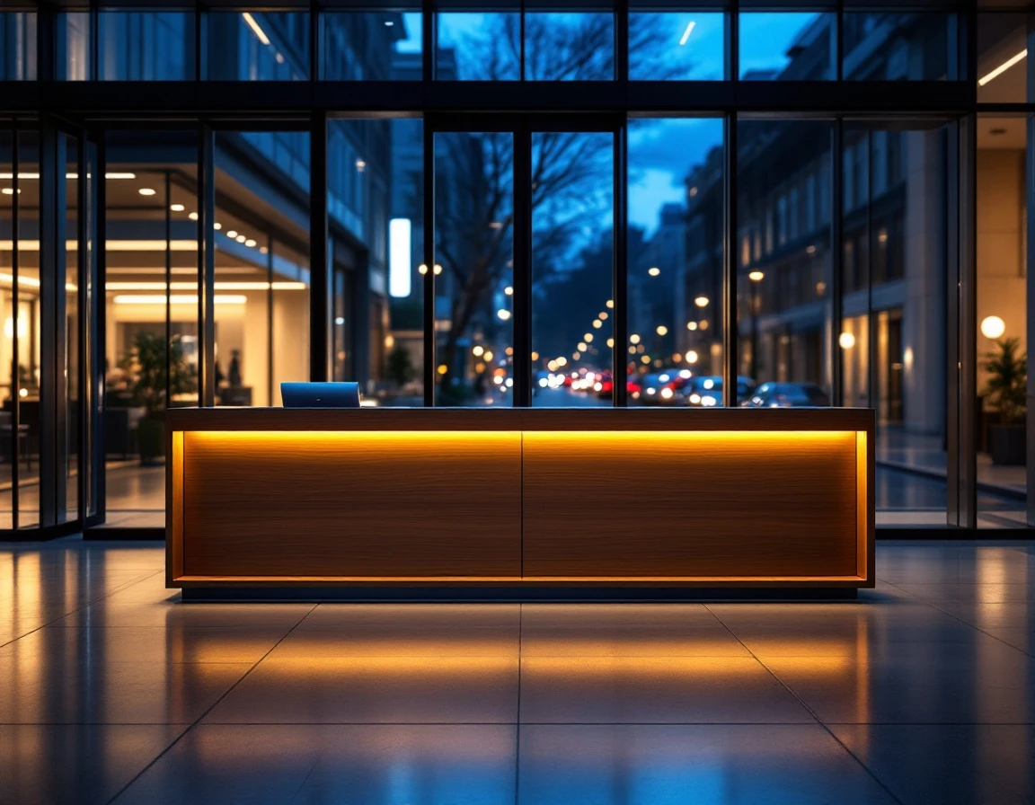 Modern reception desk with ambient lighting photographed at dusk looking through glass doors to street