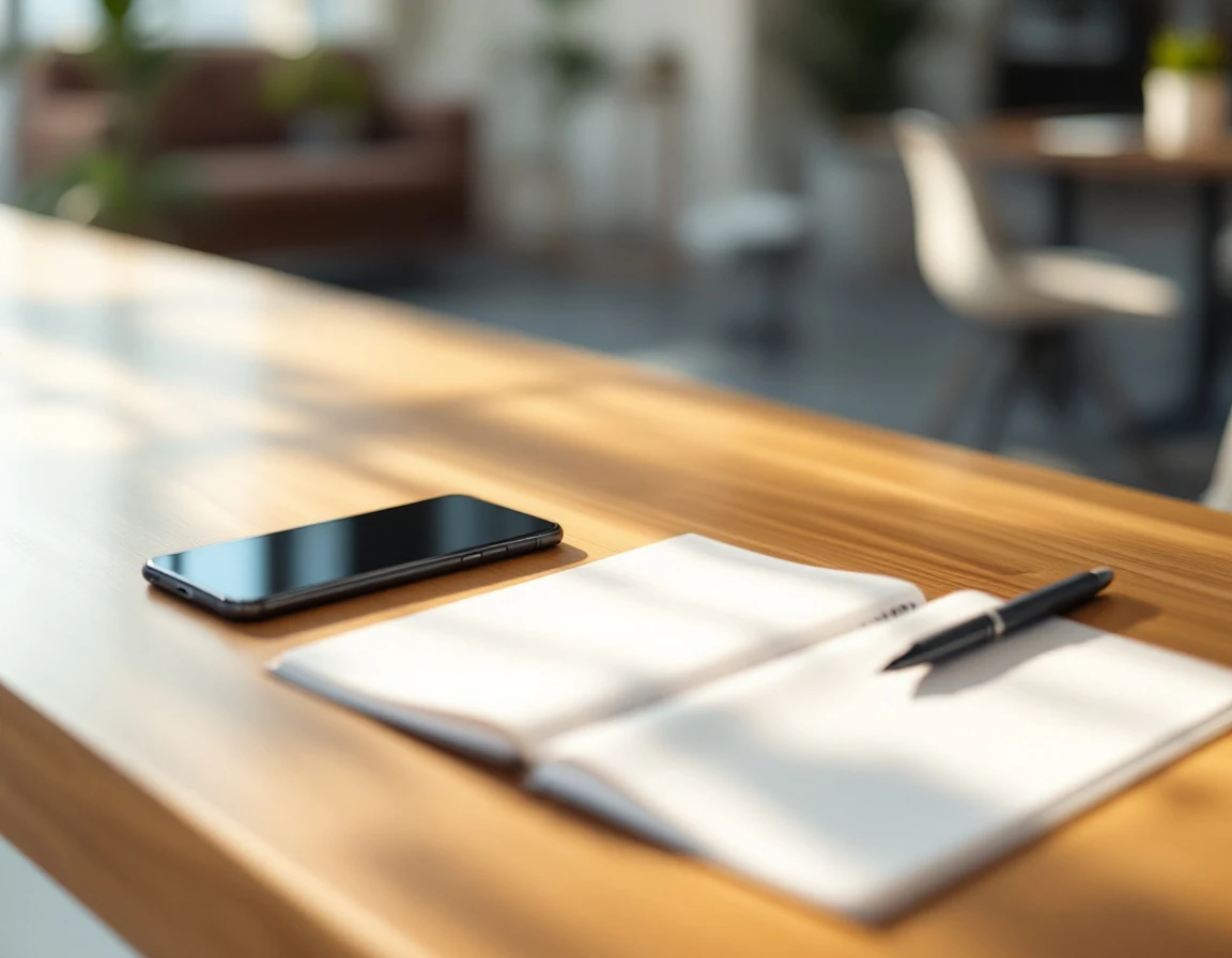 Smartphone and appointment book on modern reception desk with natural window lighting