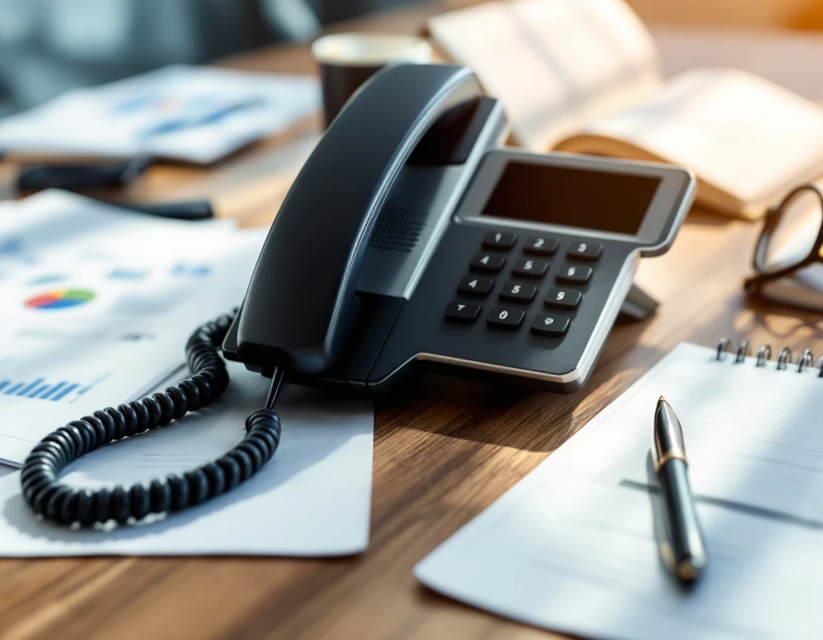Business phone and workspace materials showing intelligent call routing and customer communication management