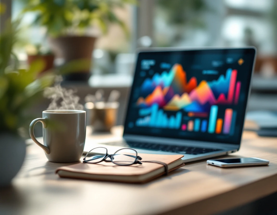 Modern workspace with laptop displaying abstract data visualizations alongside coffee and business essentials