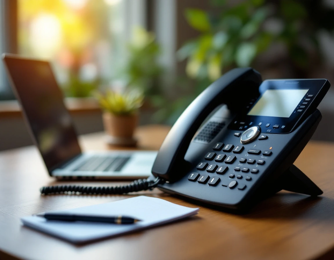 Modern multi-line business phone system on office desk with natural lighting and professional workspace setting