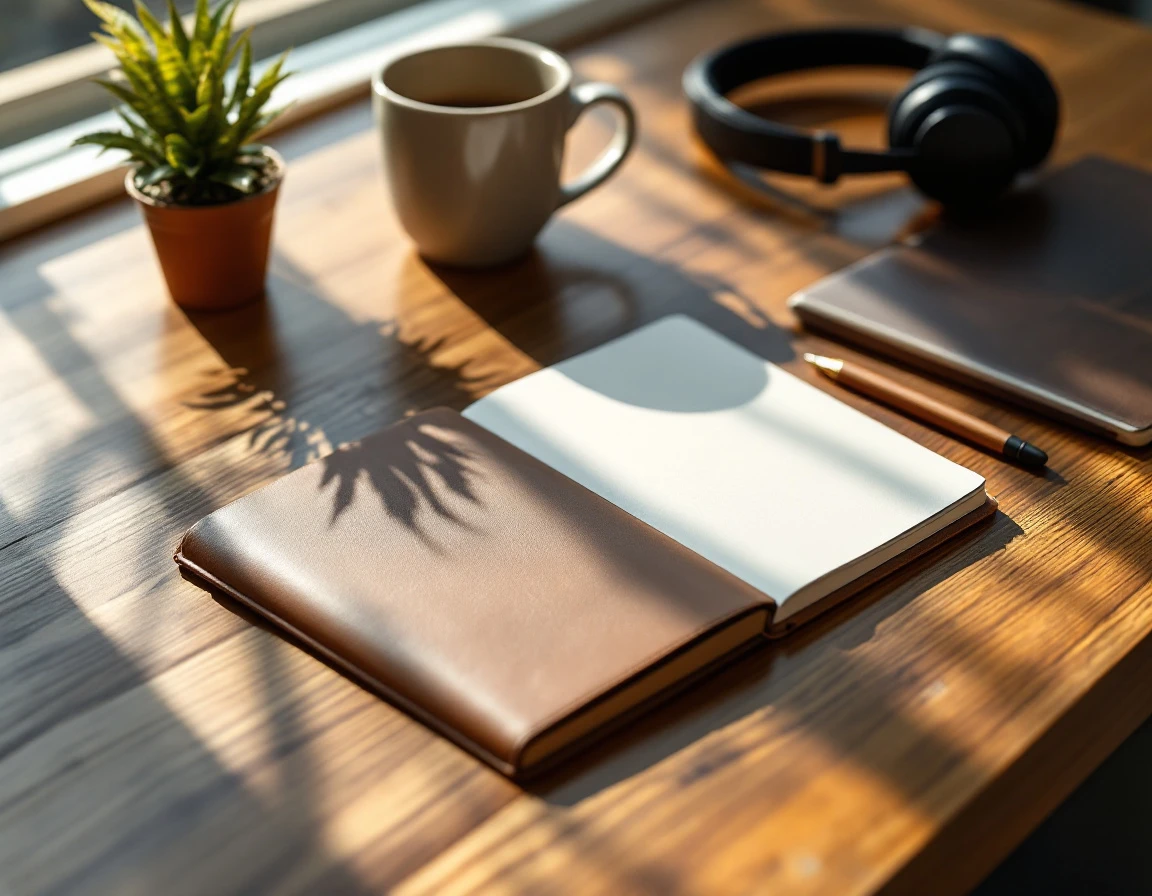Professional desk workspace with notebook, coffee, and business headset in natural lighting