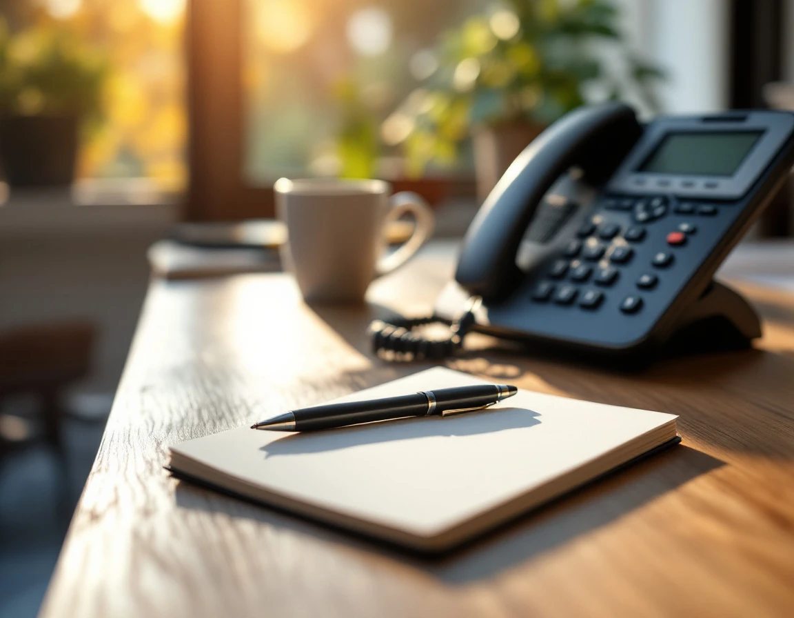 Office desk with business phone, coffee mug, and blank notepad in warm natural lighting