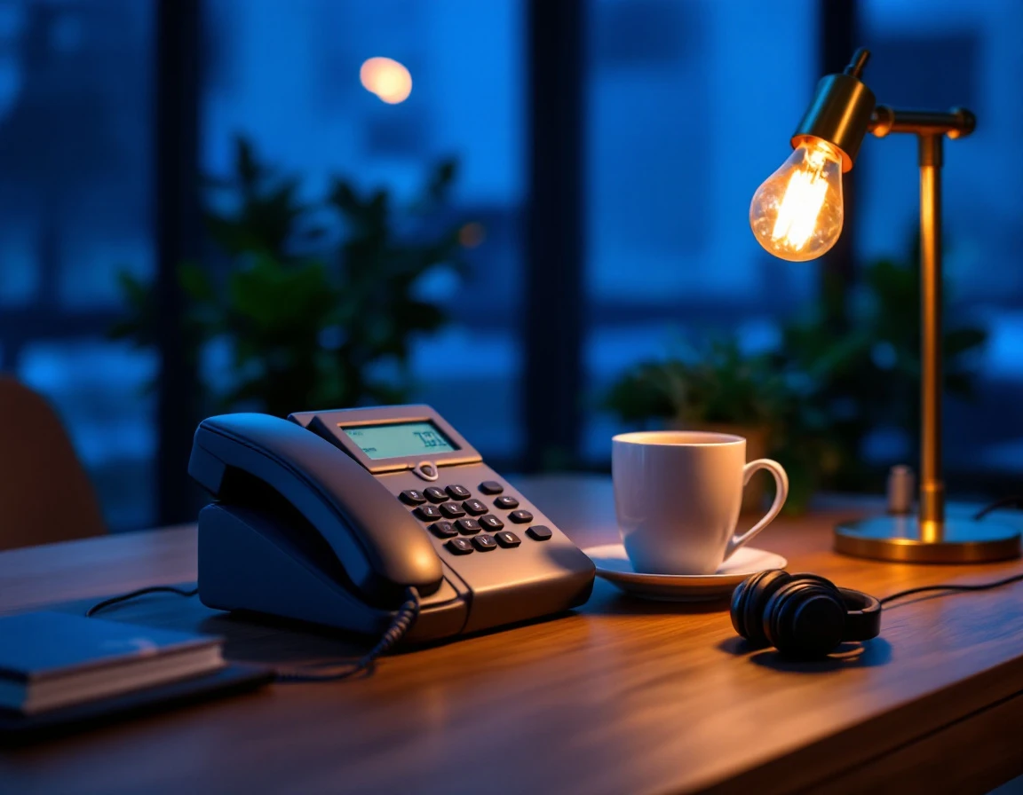 Office desk at twilight with traditional phone, headphones, and warm desk lamp beside coffee mug