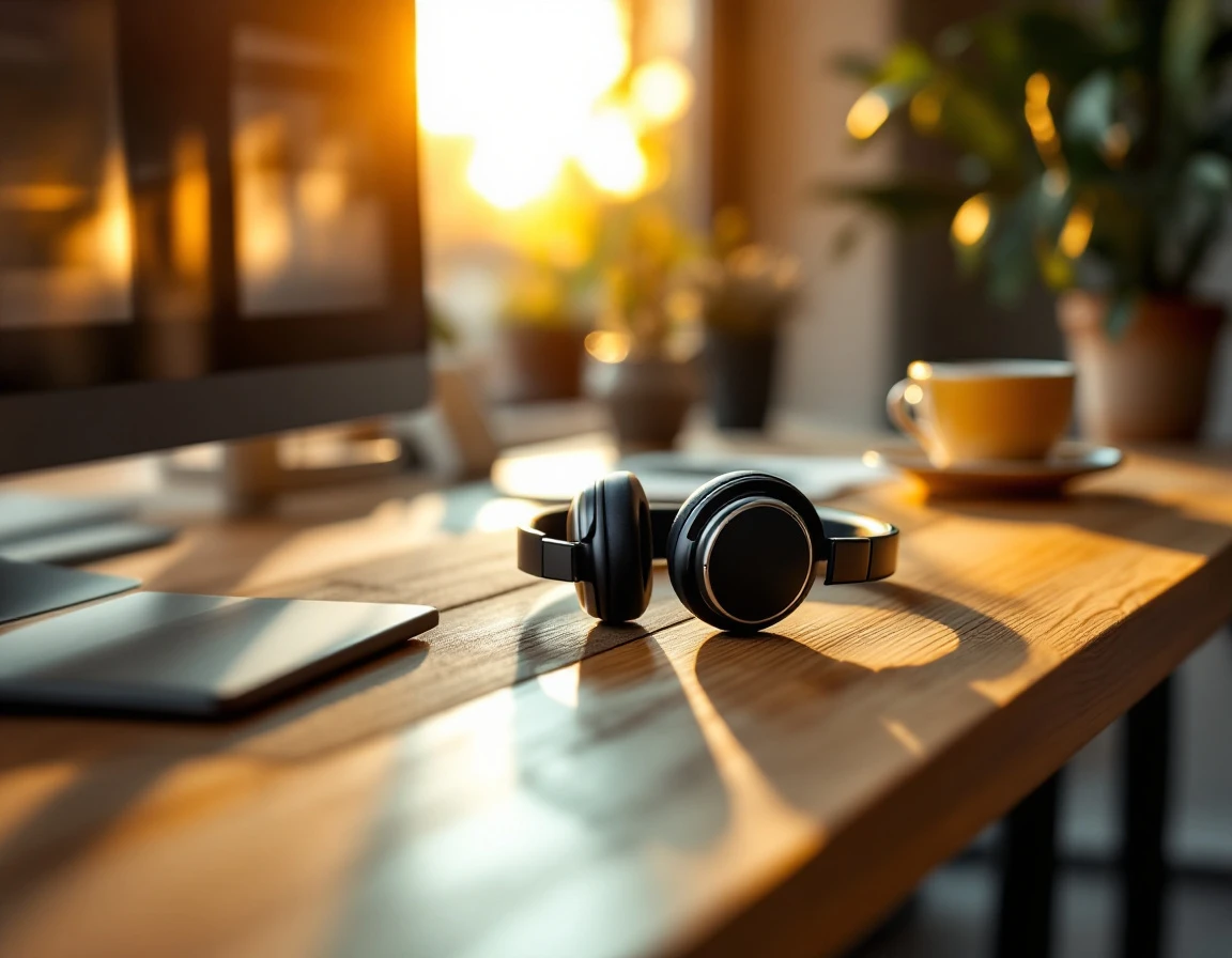 Wireless headset and desk phone on empty office workspace during after-hours evening time