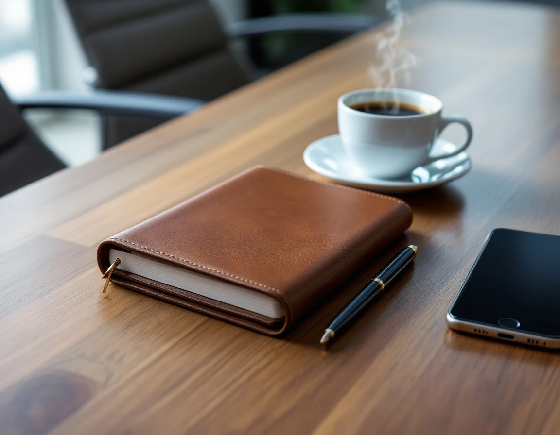 Wooden conference table with leather journal, pen, coffee cup, and smartphone in natural office lighting