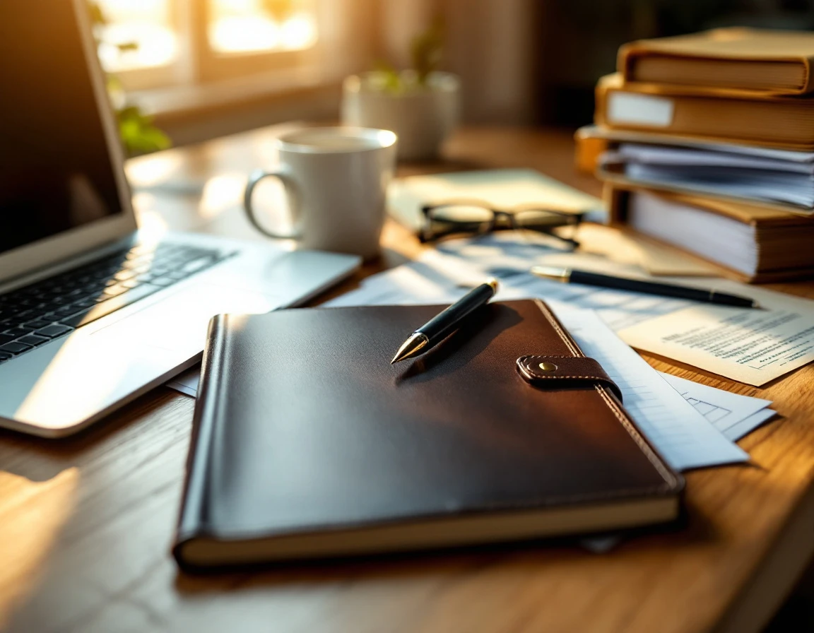 HR professional's desk with notebook, folders, and laptop during compliance training preparation