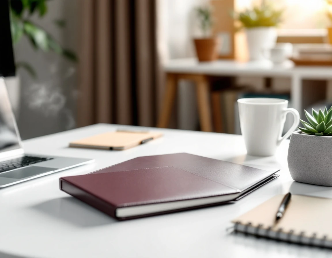 Closed portfolio folder on desk with laptop, coffee, and office supplies in professional workspace