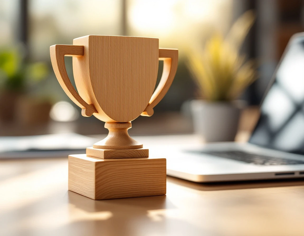 Wooden trophy block on desk beside laptop in soft natural lighting