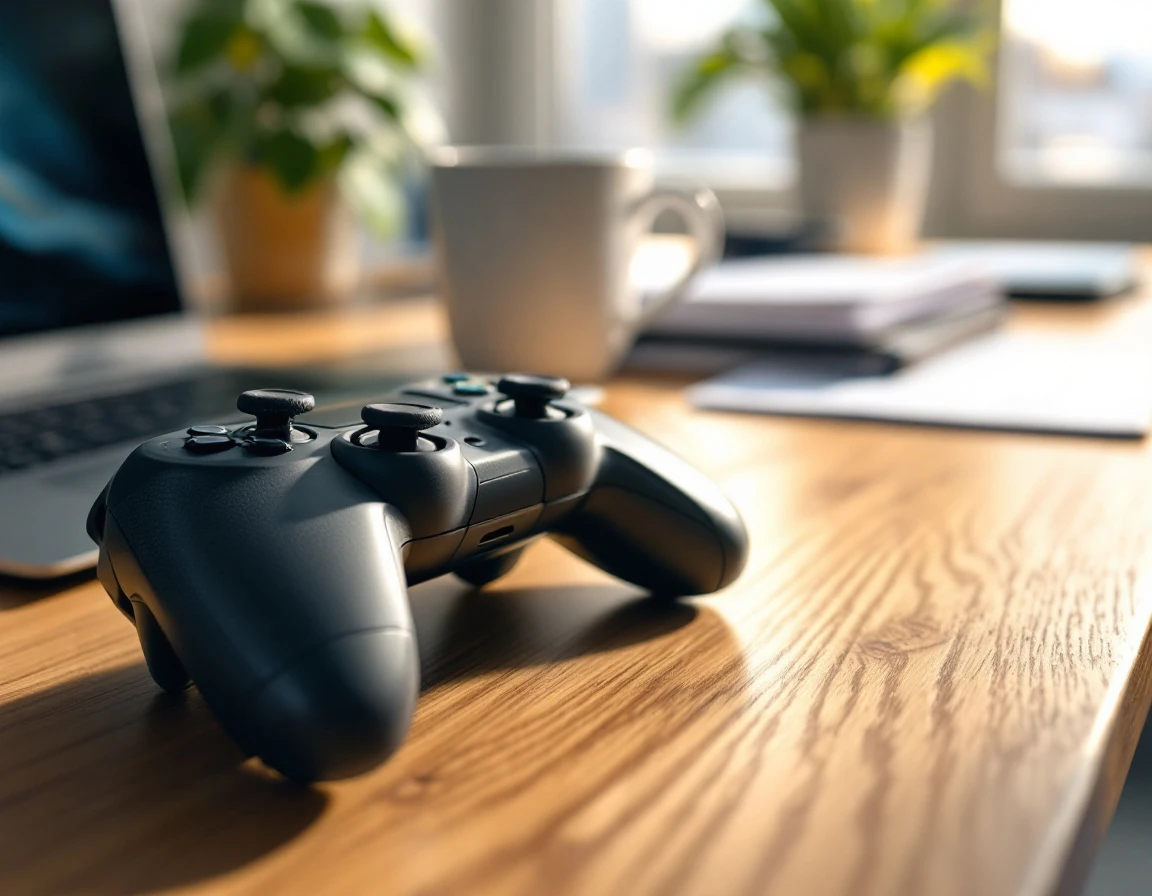Gaming controller on wooden desk with soft natural lighting in home office setting