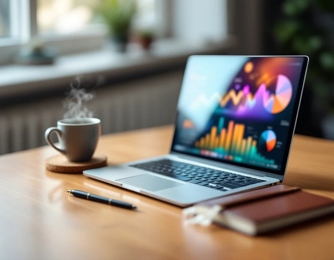 Laptop displaying blurred analytics dashboard on wooden desk with coffee and notebook in natural light