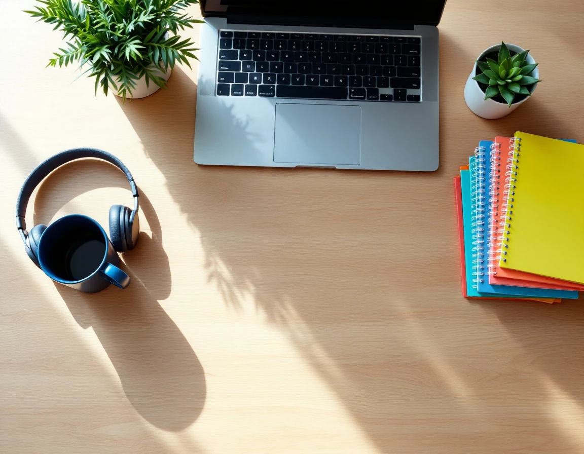 Modern workspace with closed laptop, training notebooks, and coffee mug arranged for compliance learning sessions