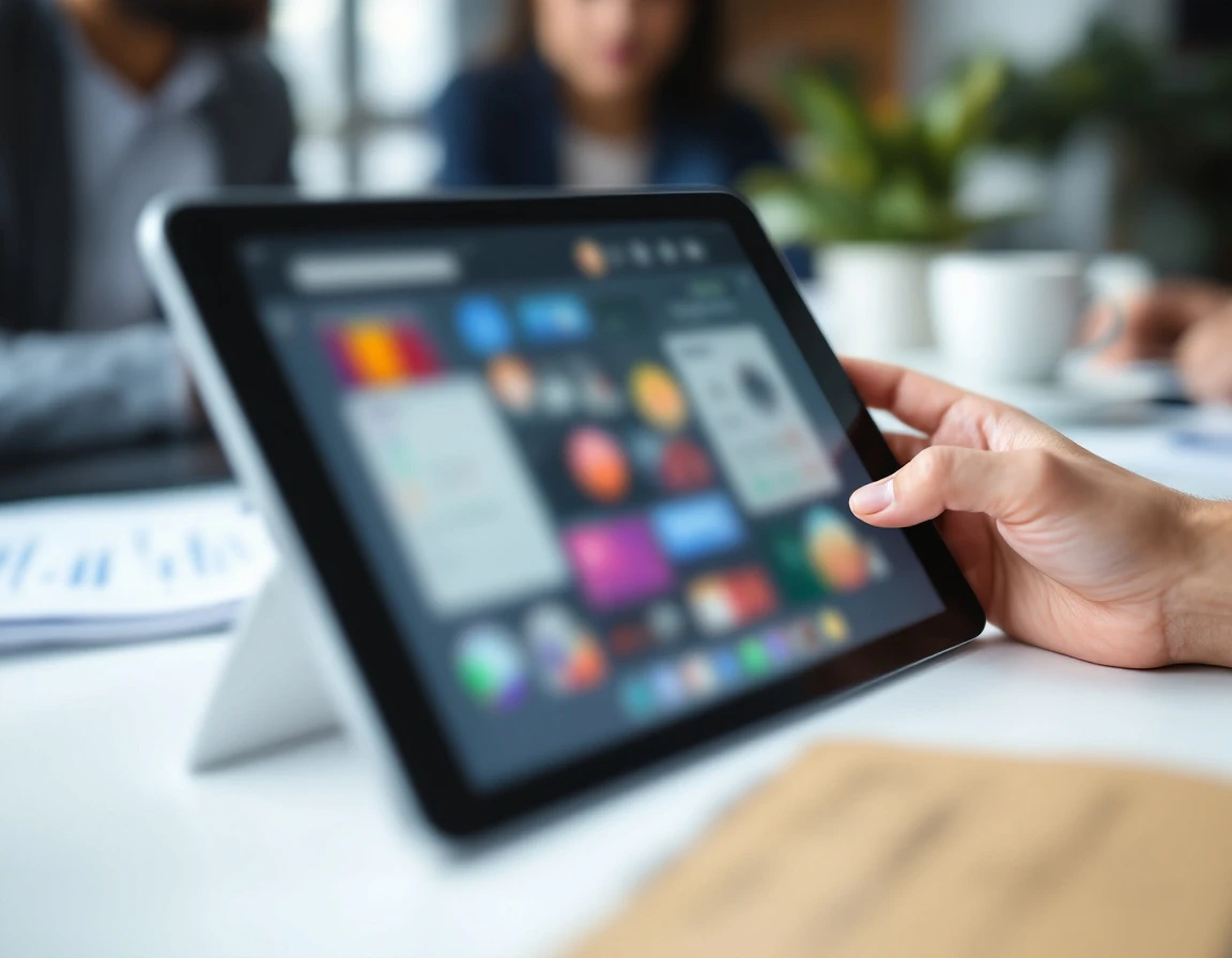 Hands interacting with tablet device in professional training environment with blurred screen display