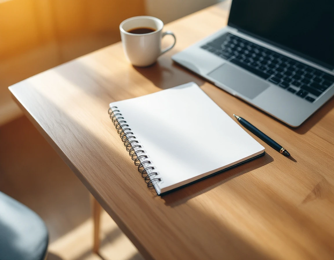 Workspace with closed laptop, training notebook, and coffee mug after a retail training session
