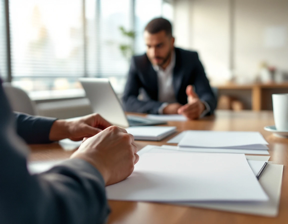 Two colleagues reviewing blank training materials at desk in professional office setting