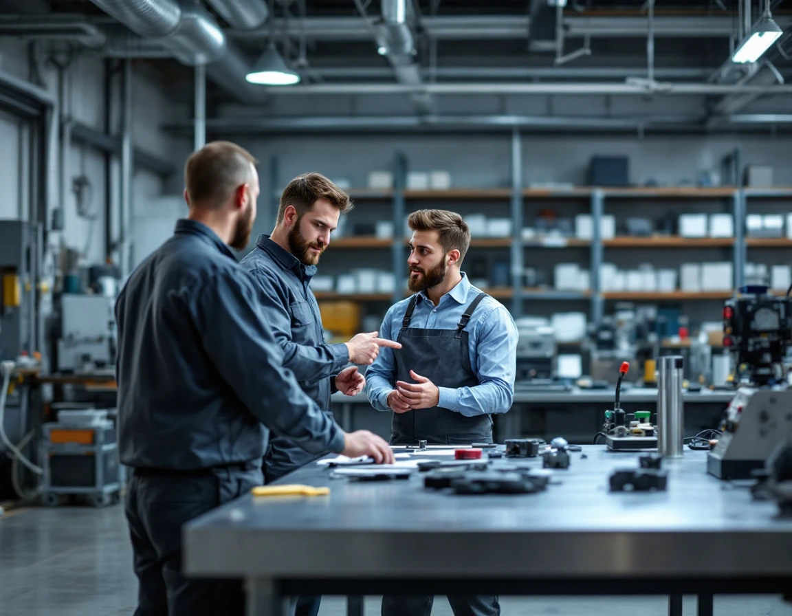Manufacturing supervisor mentoring team member at industrial workbench in training facility