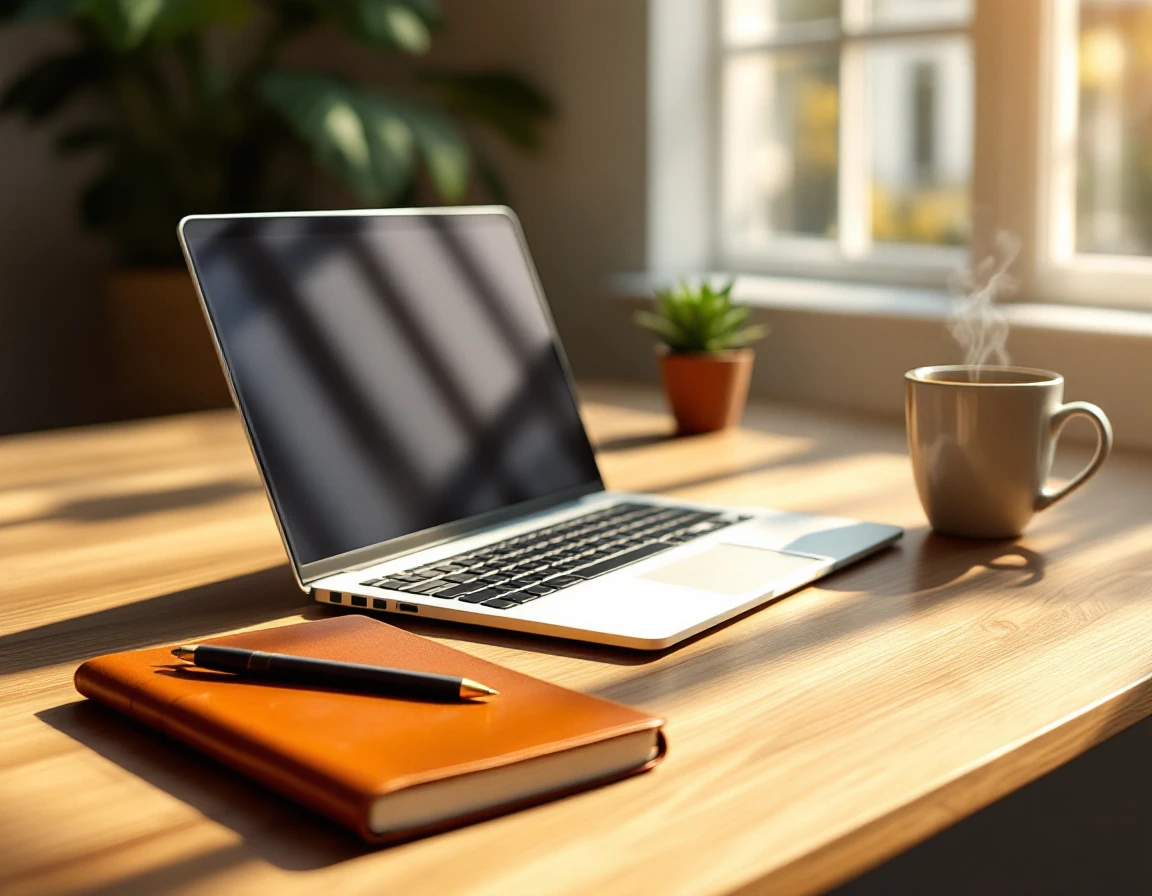 Minimalist professional workspace with training materials, laptop, and coffee on wooden desk with natural lighting
